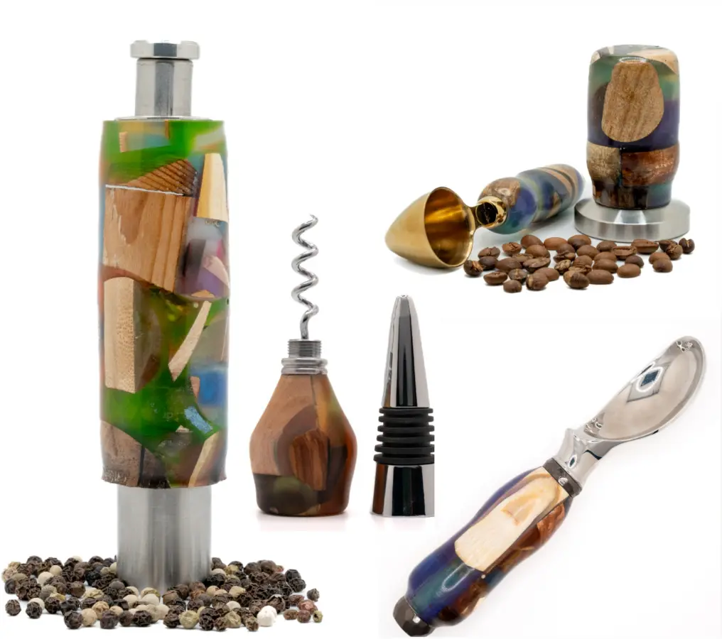 Custom wood and epoxy bar and kitchen tools